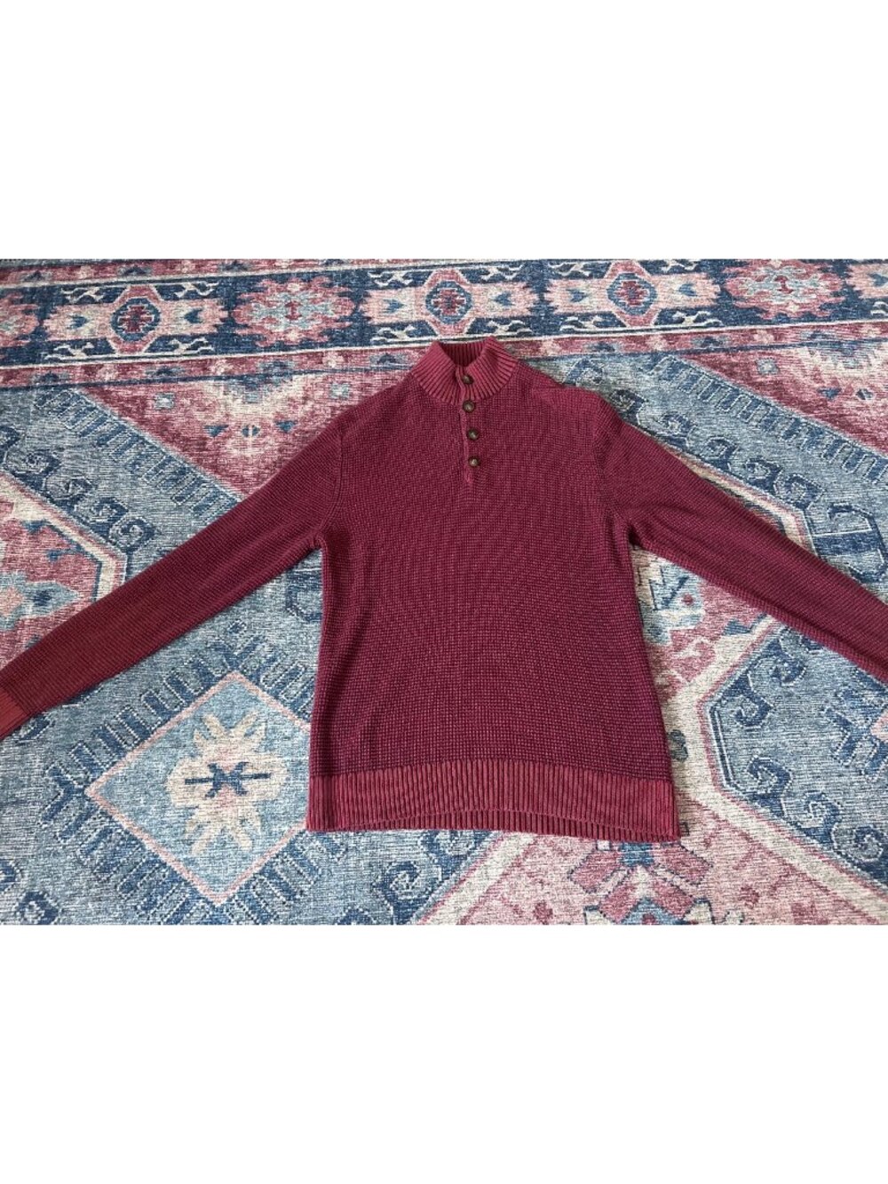 Mens Burgandy Waffle Knit Long-Sleeve Henley Sweater Medium 100% Cotton